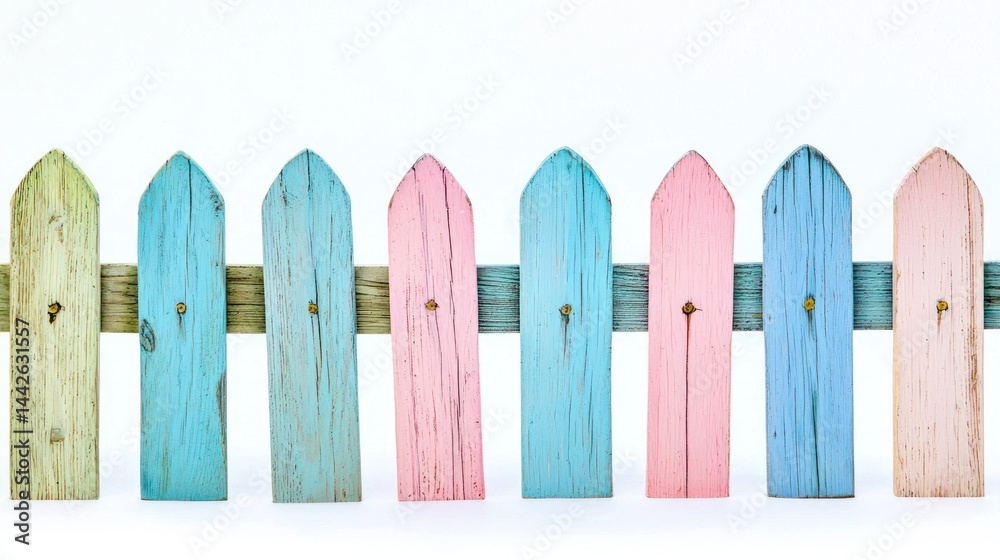 Fototapeta premium Small wooden fences in pastel colors (pink, blue, green) aligned on white background.