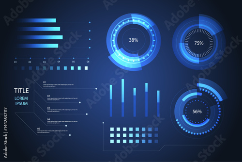 Creative futuristic infographic elements concept with sleek UI components, data visualization charts, glowing HUD interfaces, high-tech dashboards, modern data diagrams, minimal vector analytics, and 