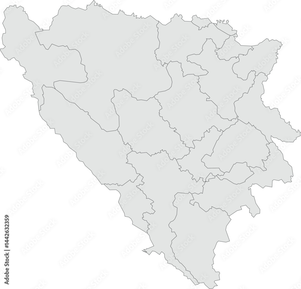 Vector map of Bosnia and Herzegovina showing all cantons with clearly defined borders and country outline. Grey color scheme with dark contours. Perfect for educational, infographic, and professional Vector map of Bosnia and Herzegovina showing all cantons with clearly defined borders and country outline. Grey color scheme with dark contours. Perfect for educational, infographic, and professional
