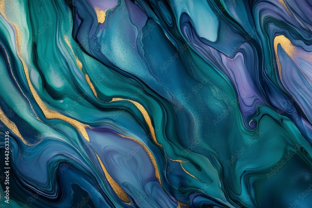 Obraz premium Abstract painting of swirling teal, indigo, and gold colors.