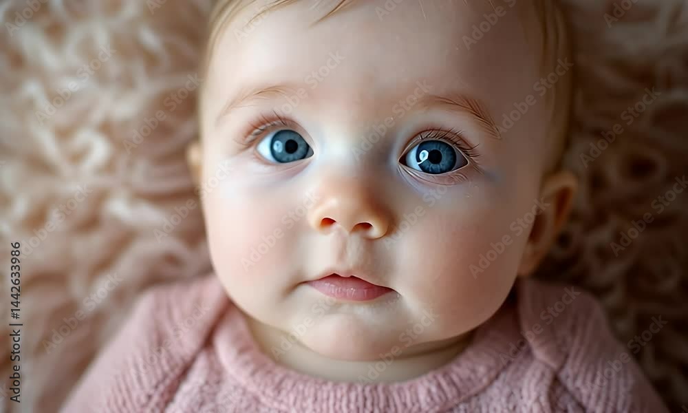 Adorable Baby with Blue Eyes and Blond Hair Wearing a Pink Knit Sweater on a Fluffy Pink Backdrop Looking Calm and Adorable Baby with Blue Eyes and Blond Hair Wearing a Pink Knit Sweater on a Fluffy Pink Backdrop Looking Calm and