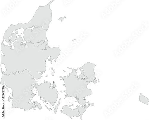 Vector map of Denmark showing all regions with clearly defined borders and country outline. Grey color scheme with dark contours. Ideal for educational, infographic, and professional use.

