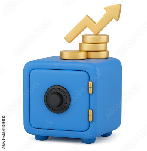 Safe with Stacked Coins and Arrow – Depiction of Financial Growth and Security