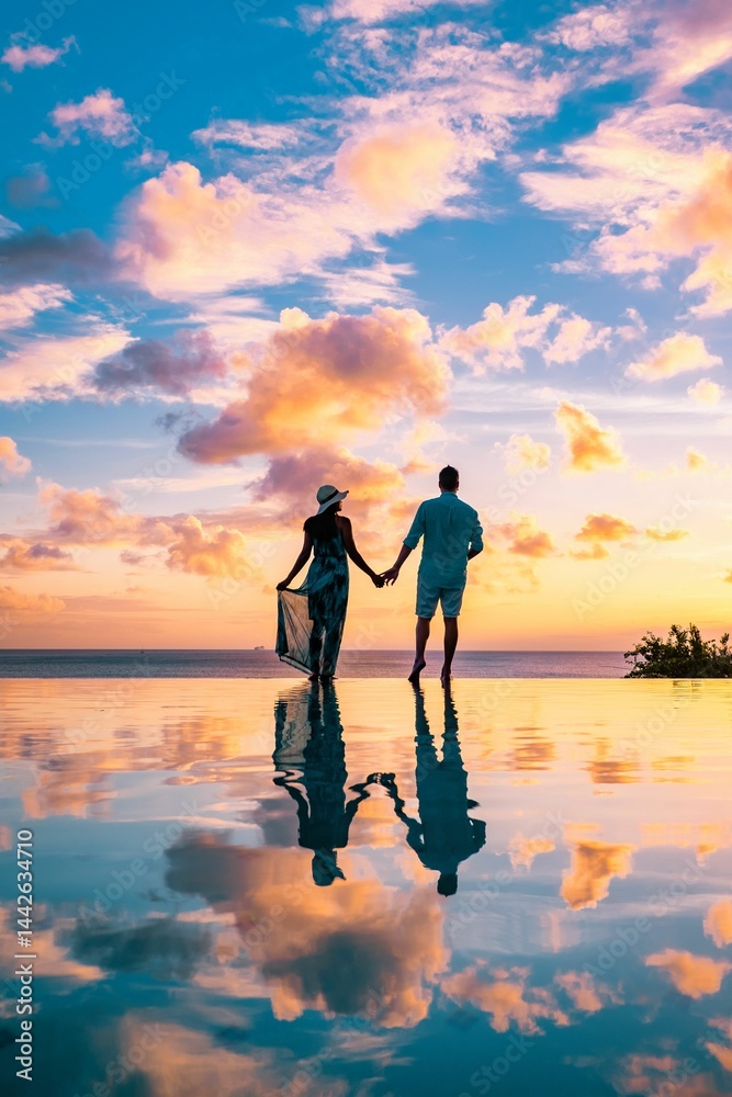 Fototapeta premium Couple enjoys a romantic sunset on the tranquil shores of St Lucia in the Caribbean