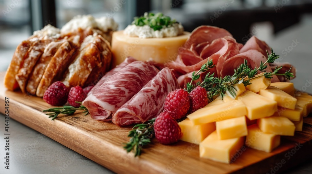A rustic wooden cutting board displays an assortment of gourmet meats, creamy cheeses, and vibrant berries. Perfect for an elegant dinner party, this arrangement invites guests to indulge and savor
