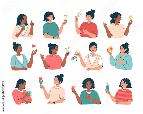 Young smiling women holding weekend items in hand. Leisure and work, time planning, growth, relaxation, healthy lifestyle. Red flag, clean water, flower, gift, cup in arm. Isolated vector iliustration
