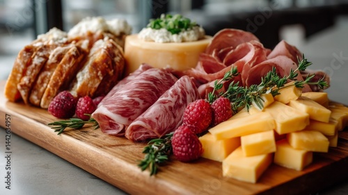 Obraz na płótnie A rustic wooden cutting board displays an assortment of gourmet meats, creamy cheeses, and vibrant berries. Perfect for an elegant dinner party, this arrangement invites guests to indulge and savor w salonie