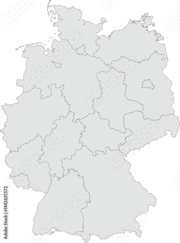 Vector map of Germany showing all regions with clearly defined borders and country outline. Grey color scheme with dark contours. Perfect for educational, infographic, and professional use.

