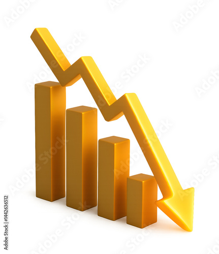3D illustration of glowing yellow bar chart with sharp downward arrow symbolizing financial loss, market decline, or economic recession.
transparent backgrounds. 