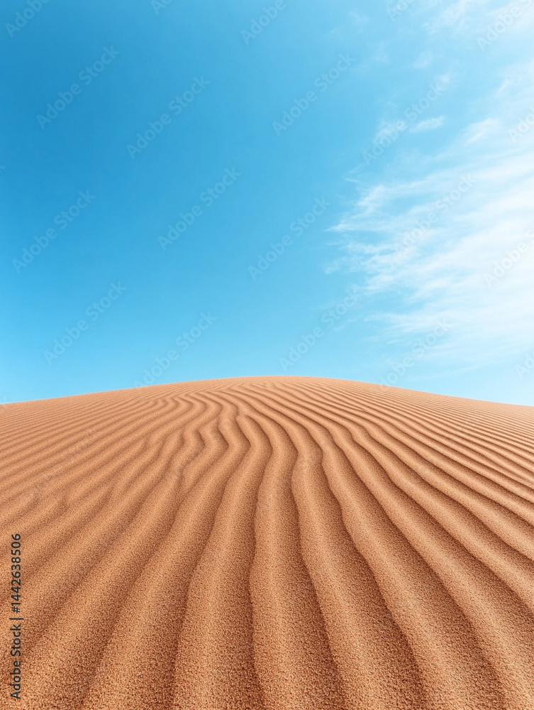 Fototapeta premium A vast desert with sweeping sand dunes and a bright, clear blue sky overhead, creating a striking and minimalistic landscape perfect for travel