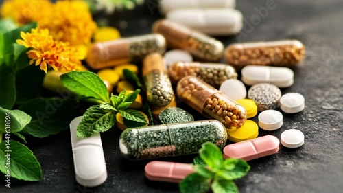 Capsules, tablets and healing herbs, concept of natural health and medicine