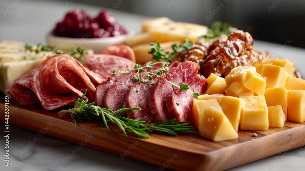 An inviting wooden cutting board brims with a colorful array of cured meats, assorted cheeses, and fresh herbs, perfect for a gathering. Ideal for a memorable appetizer presentation at any occasion