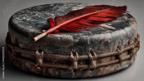 Modern powwow drum viewed from above with red feather resting on its surface