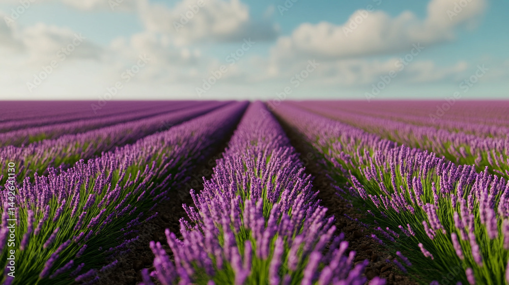 Obraz premium A sprawling field of lavender in full bloom, with rows of deep purple flowers stretching to the horizon, under a clear, bright sky, perfect for wellness, organic, or aromatherapy-focused branding