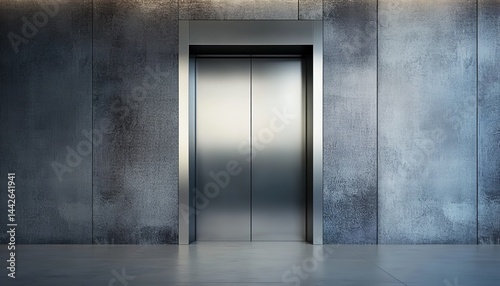 A modern elevator door embedded in a concrete-tiled wall with two blank signs beside it, illuminated by sunlight creating shadows.