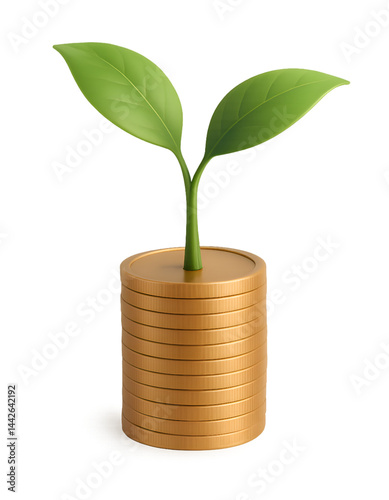 Stack of Gold Coins with Growing Green Plant - Symbol of Financial Growth. transparent backgrounds. 