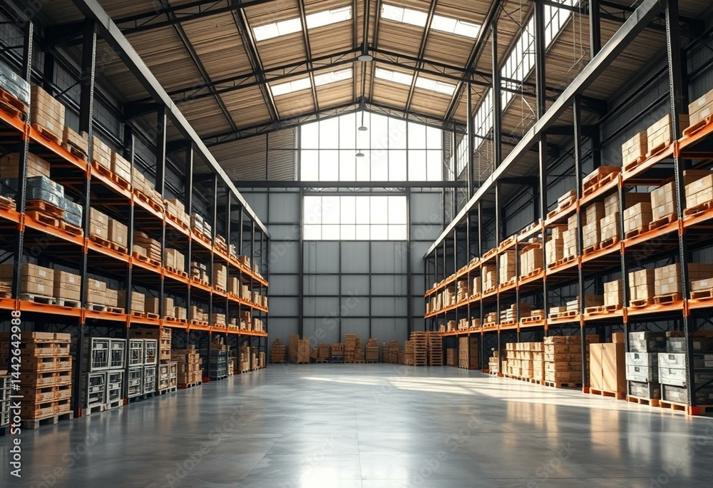 Fototapeta premium Modern warehouse interior with industrial-style shelving