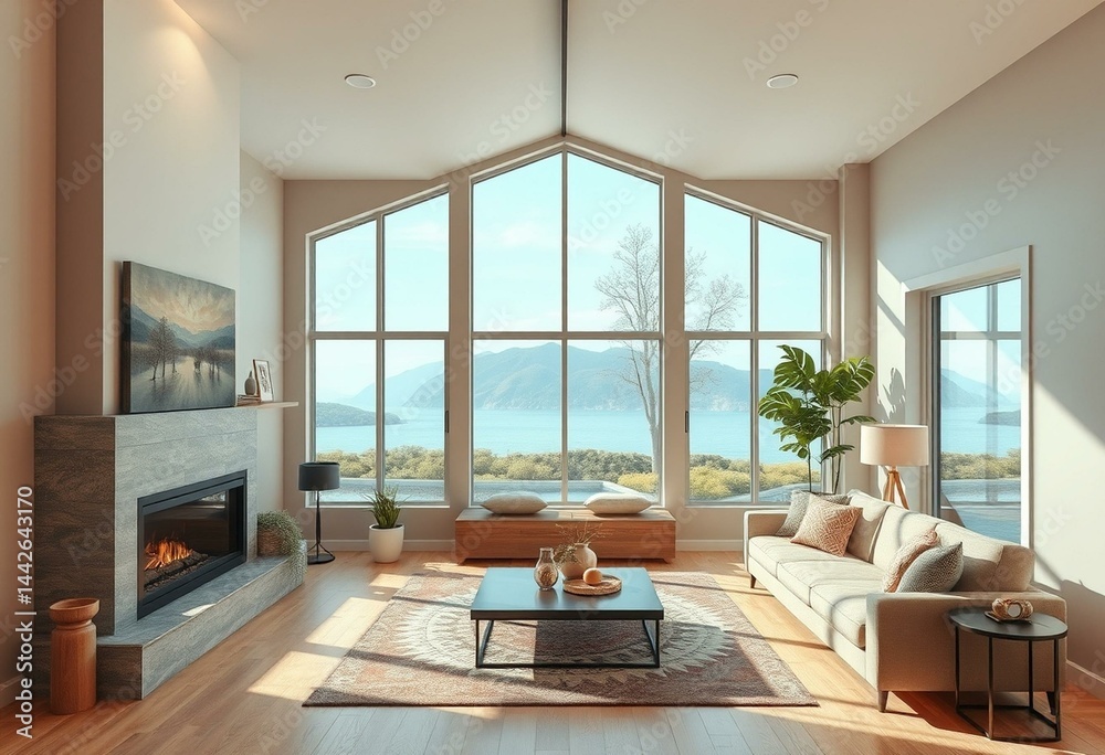 Fototapeta premium Cozy living room interior with modern fireplace and comfortable seating