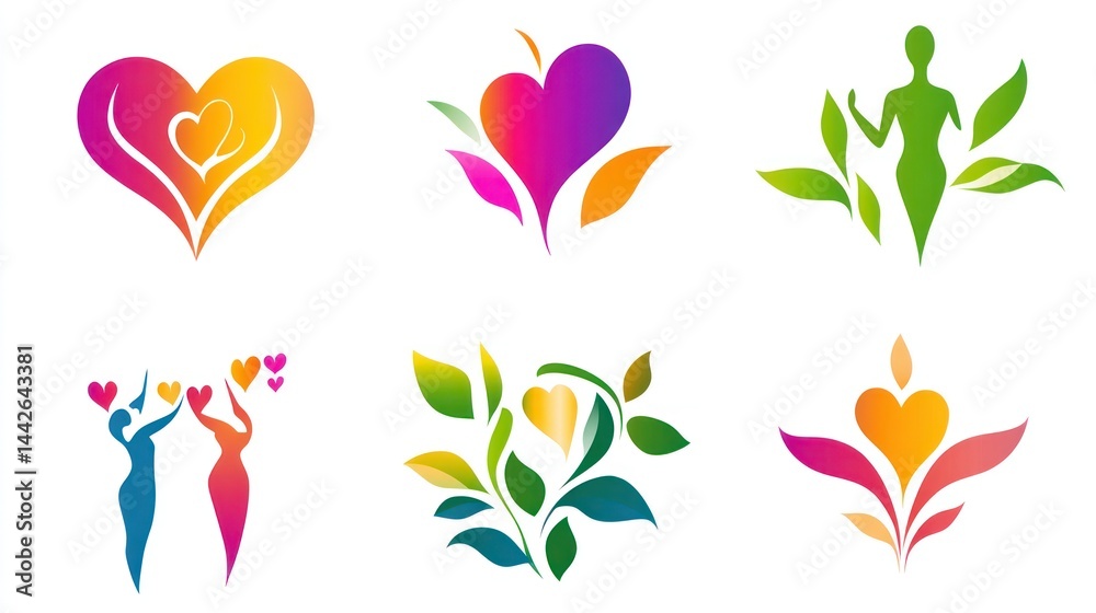 Colorful woman and heart icons Colorful woman and heart icons