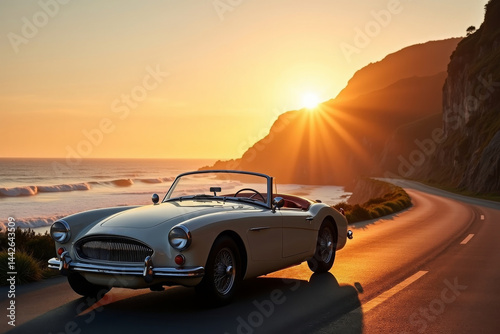 classic vintage car parked on a coastal road at sunset, surrounded by dramatic cliffs and ocean waves, warm golden hour lighting