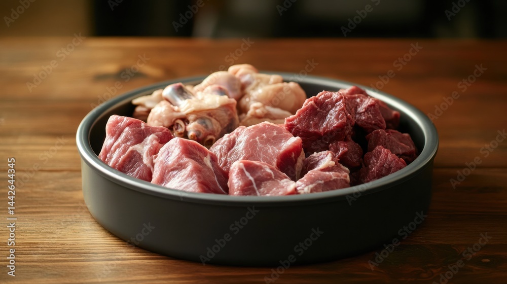 Raw food for pets, dogs. Assortment of raw meat cuts in a metal bowl