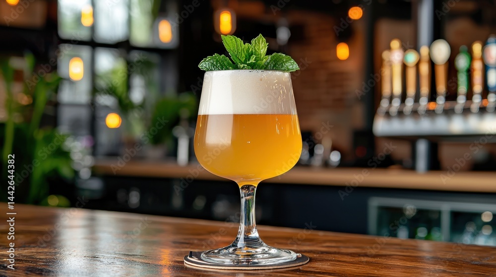 Craft beer glass with frothy head on a wooden bar counter, blurred pub background with warm lights Craft beer glass with frothy head on a wooden bar counter, blurred pub background with warm lights