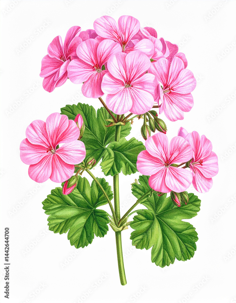 Ilustracja vintage, różowe kwiaty Pelargonii na białym tle, tapeta, dekoracja. Generative AI