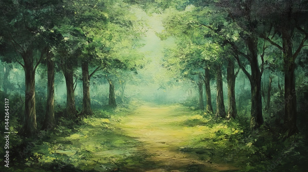 Fototapeta premium Serene green forest path sunlight through trees nature scene art calm walk lush view woods image