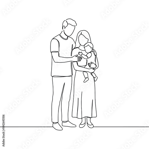 Happy family continuous one line drawing. Parents with their kid in simple linear style.