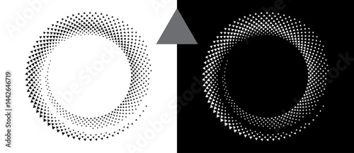 Spiral dotted background with triangles. Design element or icon. Black shape on a white background and the same white shape on the black side.