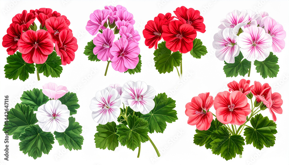 Ilustracja vintage, kolorowe kwiaty Pelargonii na białym tle, tapeta, dekoracja. Generative AI