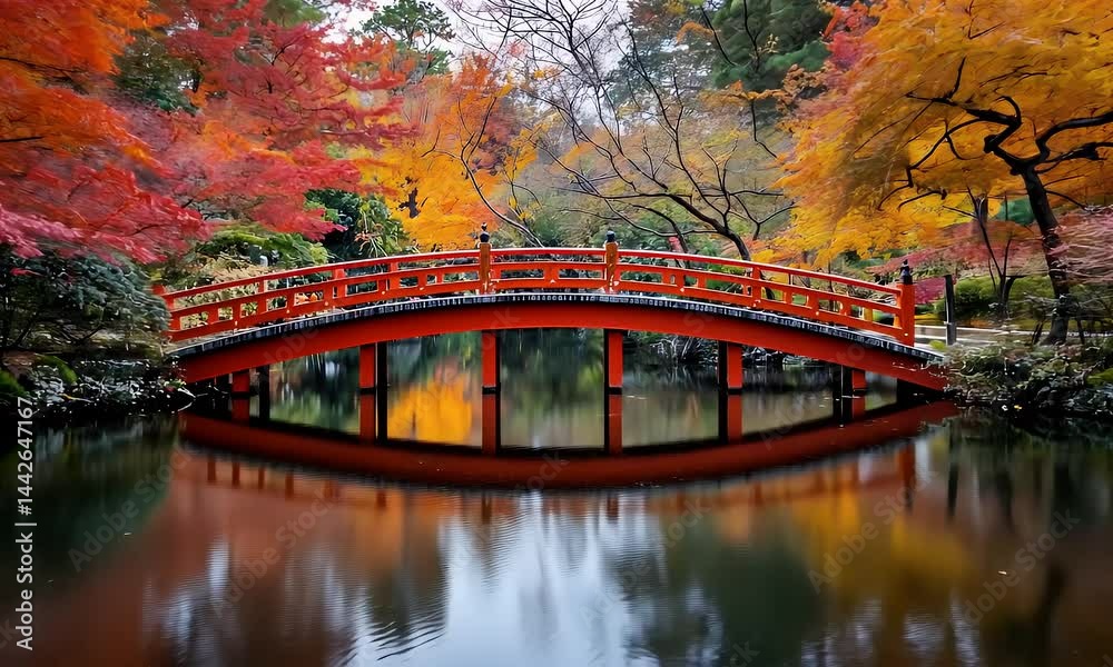 Picturesque Red Bridge over Reflective Lake Surrounded by Vibrant Autumn Trees in a Tranquil Japanese Landscape