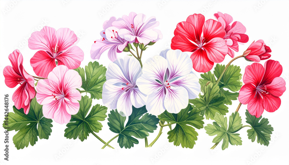 Ilustracja vintage, kolorowe kwiaty Pelargonii na białym tle, tapeta, dekoracja. Generative AI