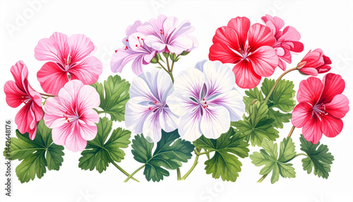 Obraz na płótnie Ilustracja vintage, kolorowe kwiaty Pelargonii na białym tle, tapeta, dekoracja. Generative AI w salonie