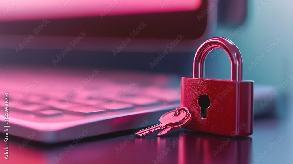 Naklejka premium A red padlock with two keys next to a laptop keyboard under pink lighting.
