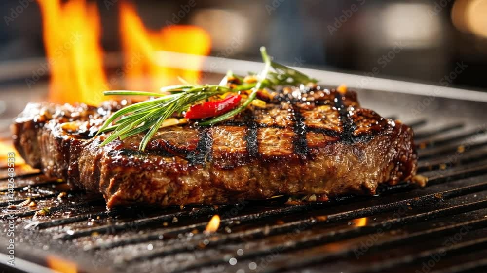 Perfectly seared steak on a hot grill with flames.  The steak is seasoned with herbs and spices, showcasing grill marks