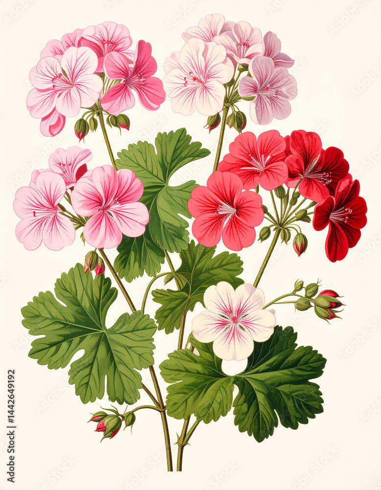 Ilustracja vintage, kolorowe kwiaty Pelargonii na białym tle, tapeta, dekoracja. Generative AI