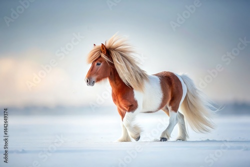 Minimalist Shetland Pony, Skewbald Horse, White Field, Single Animal Photography