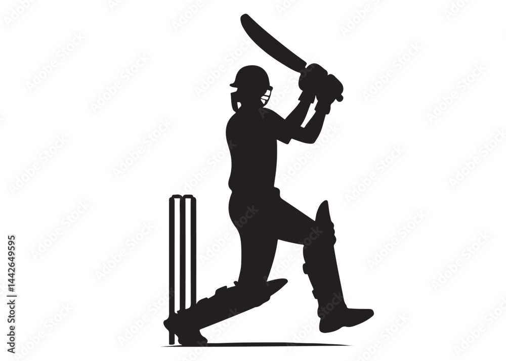 Obraz premium Silhouettes of cricket player batsman logo vector silhouette, playing cricket logo icon design vector, cricket player logo playing short, silhouette of cricket player on isolated white background.