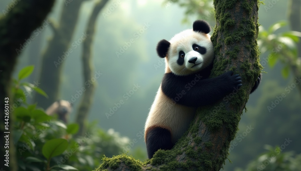 Obraz premium a curious panda climbing a moss-covered tree trunk