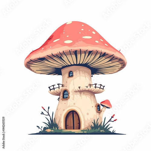 Enchanted Coral Mushroom House with Wooden Door Vector Illustration