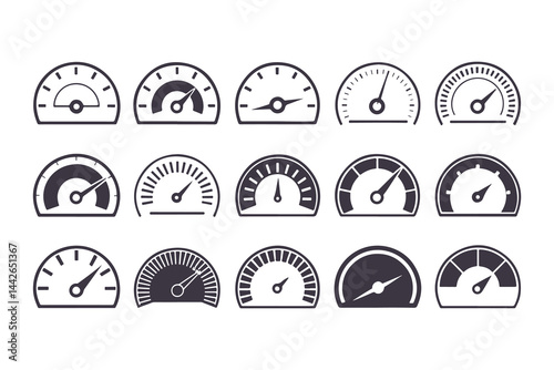 Speedometer Vector Icon Set. Automotive Dashboard Elements Including Speed, Fuel, RPM, and Tachometer Gauges for Speed Measurement and Car Instrument Panels