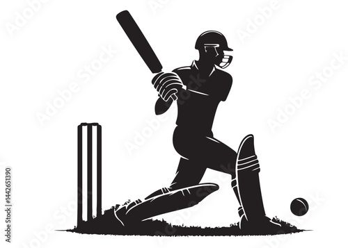 Silhouettes of cricket player batsman logo vector silhouette, playing cricket logo icon design vector, cricket player logo playing short, silhouette of cricket player on isolated white background.