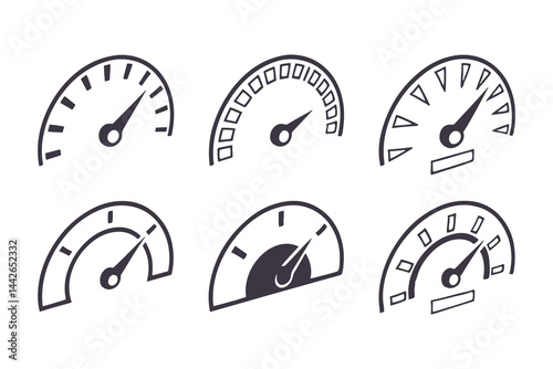 Speedometer Vector Icon Set. Automotive Dashboard Elements Including Speed, Fuel, RPM, and Tachometer Gauges for Speed Measurement and Car Instrument Panels