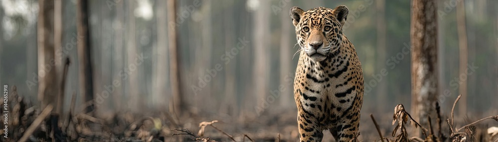 Obraz premium Endangered species facing chaos from human development concept. A majestic tiger stands in the foggy forest landscape.