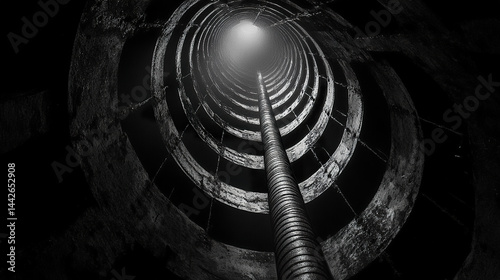 dark, moody perspective of spiral structure with central pole, evoking sense of depth