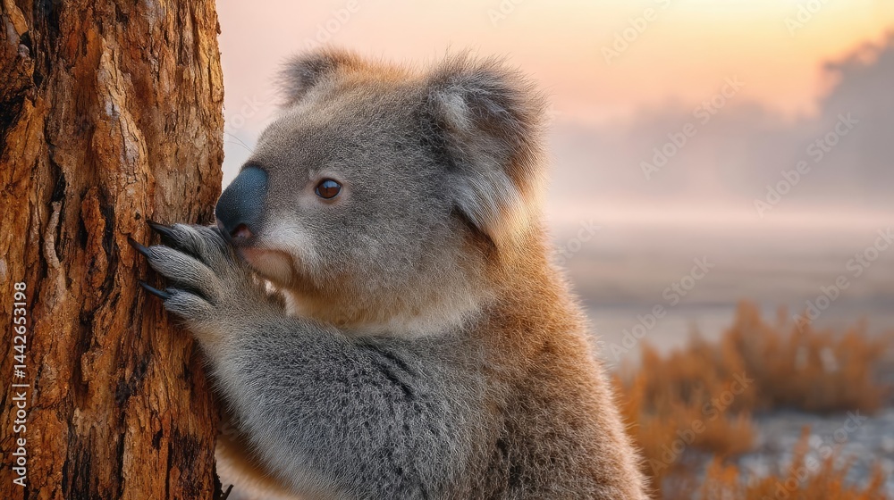 Obraz premium Endangered species affected by fire and climate change concept. A serene koala resting against a tree at sunrise.