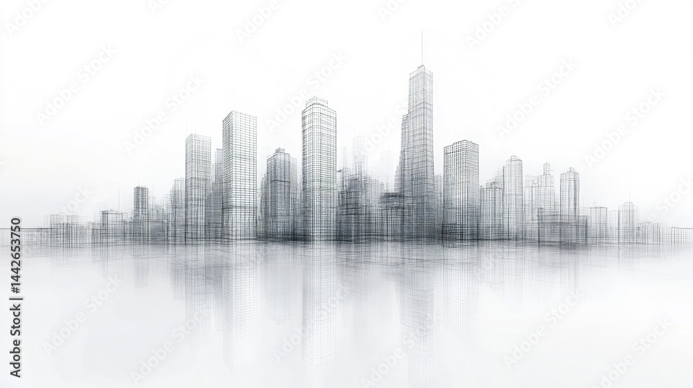 Abstract wireframe skyline of modern high rise buildings with minimalist aesthetic Abstract wireframe skyline of modern high rise buildings with minimalist aesthetic
