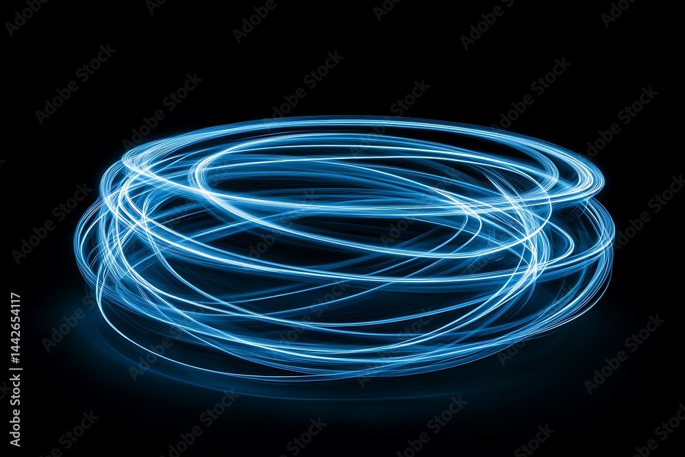 Abstract swirling blue light trails creating a captivating energy orb against a black background Dynamic light painting Abstract swirling blue light trails creating a captivating energy orb against a black background Dynamic light painting