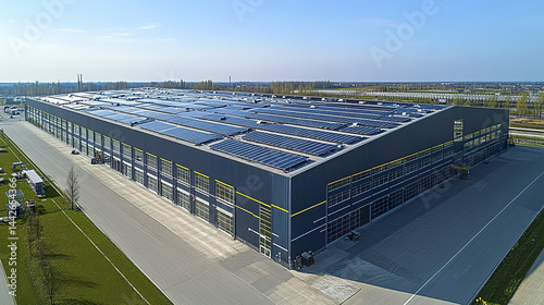 Aerial view of modern industrial building with solar panels roof, showcasing innovation